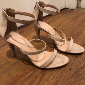 Nude strappy heels with zipper back